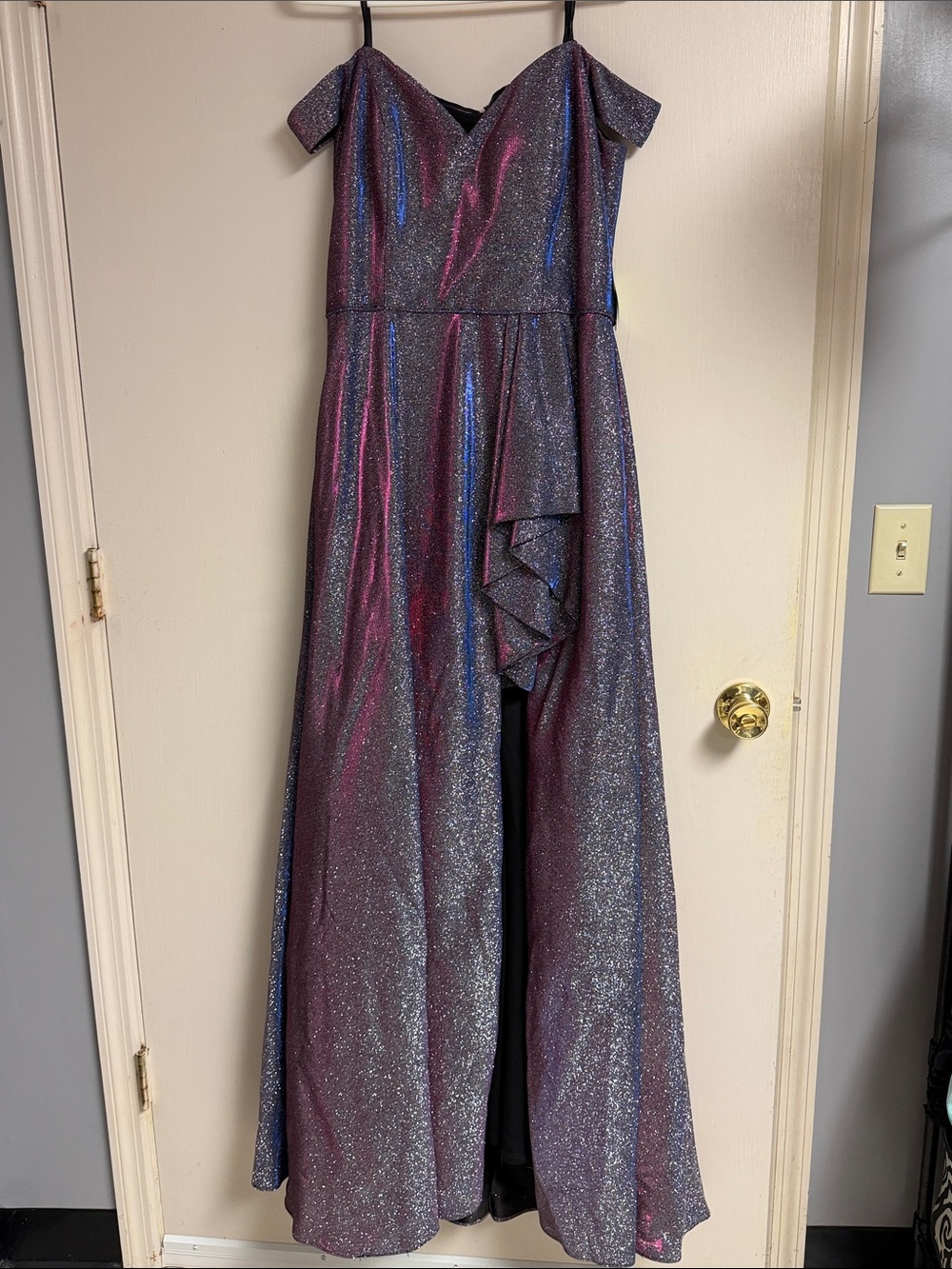 Blondie Nites by Stacy Skylar Iridescent Off-Shoulder Glitter Evening Gown